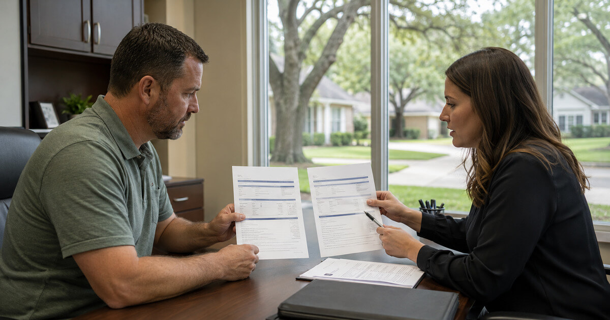 Homeowner comparing a homeowners insurance renewal with an insurance agent in Spring, Texas