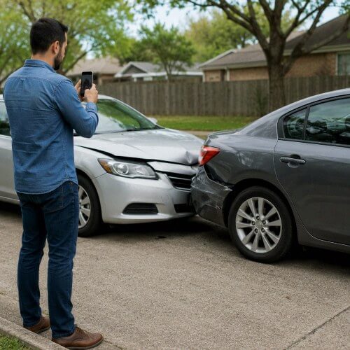 Driver safely documenting vehicle damage after a minor car accident in Spring, Texas